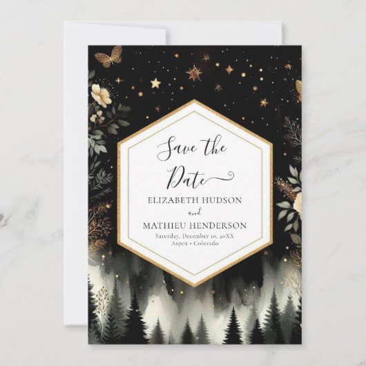Minimale romantische betoverde bos bruiloft save the date (Voorkant)