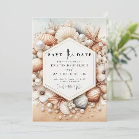 Minimale romantische strand bruiloft save the date (Staand voorkant)