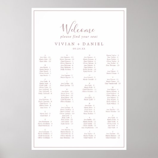 Minimale Roos Gold Alfabetical Seating Chart Poster (Voorkant)