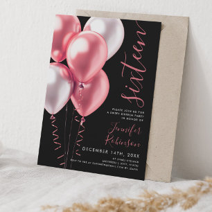 Minimale Roze Ballonnen Sweet 16 Verjaardag Zwart Kaart