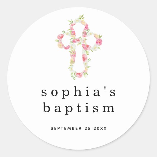 Minimale roze Florals Kruisnaam Datum Meisje Bapti Ronde Sticker (Voorkant)