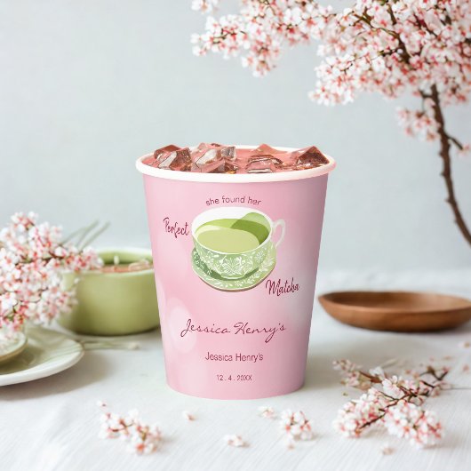 Minimale Roze Matcha Bruiloft met Kersenbloesem Papieren Bekers