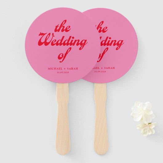 Minimale roze rode retro bruiloft handwaaier (Voorkant en achterkant)