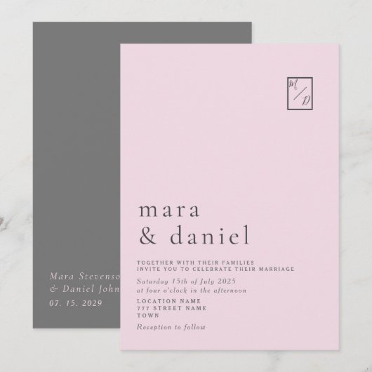 Minimale Roze Trouw Uitnodiging (Voorkant / Achterkant)