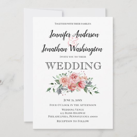 Minimale roze Waterverf Rose Bouquet Aankondiging (Voorkant)