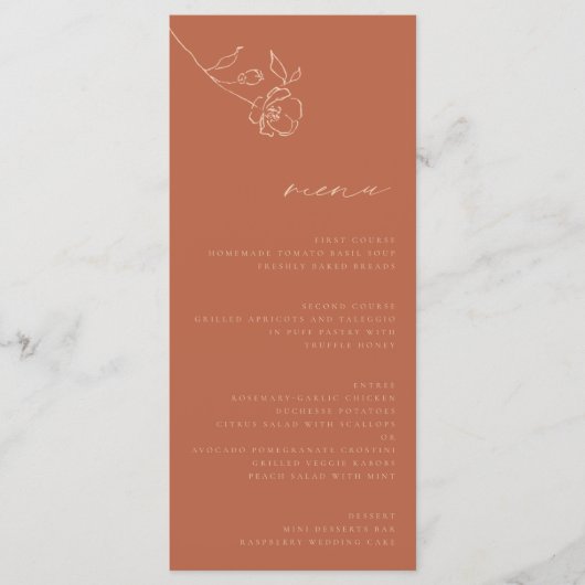 Minimale Rust Peach Fine Art Bloemenbruiloft Menu (Voorkant)