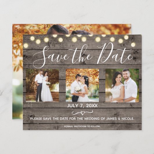 Minimale Rustic Wood & Lichten Foto opslaan Datum (Voorkant / Achterkant)