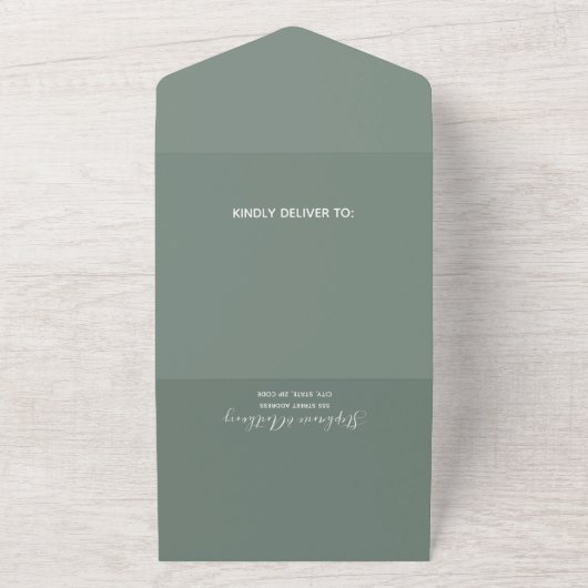 Minimale Sage Green Branch Calligraphy Wedding All In One Uitnodiging (Buitenkant)