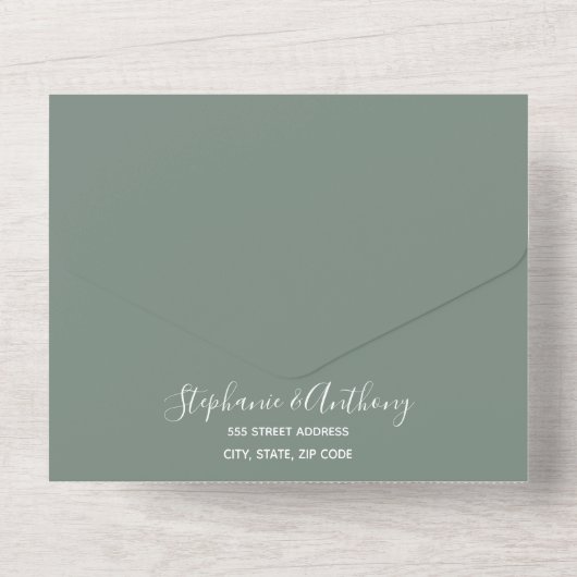 Minimale Sage Green Branch Calligraphy Wedding All In One Uitnodiging (Achterkant)