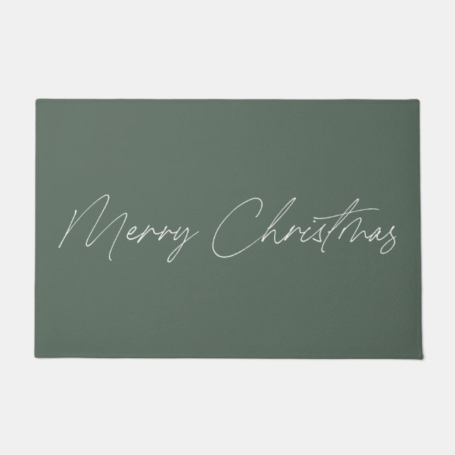 Minimale Sage Green Modern Script Merry Kerstmis Deurmat (Voorkant)
