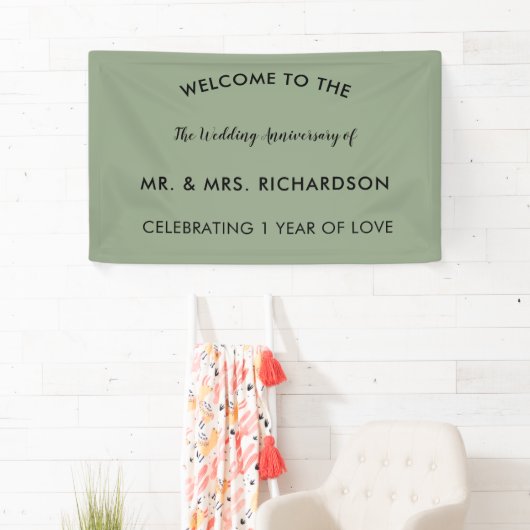 Minimale Sage Green Simple 1st Wedding Jubileum Spandoek (Insitu)