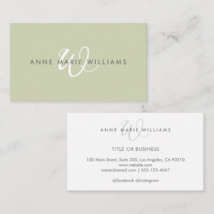 Minimale Saliegroen Witte Script Monogram Zakelijk Visitekaartje