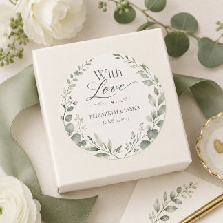 Minimale saliegroene botanische trouwcadeau-labels ronde sticker