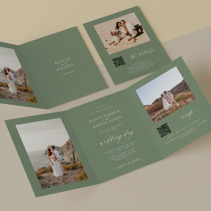 Minimale saliegroene foto QR RSVP details bruiloft Drieluik Uitnodiging