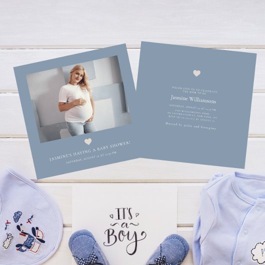 Minimale schemerblauwe foto QR CODE baby shower Kaart