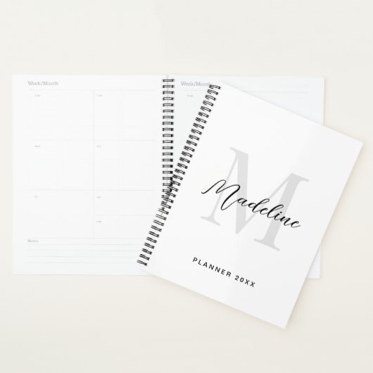 Minimale Script Calligraphy Black White Monogram Planner (Display)