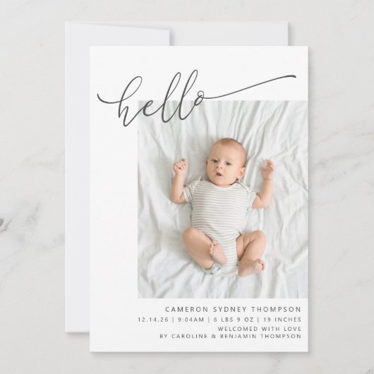 Minimale Script Cute Hallo Baby Two Photo Birth Aankondiging (Voorkant)
