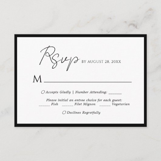 Minimale Script Menu Keuze Zwart Bruiloft RSVP (Voorkant)
