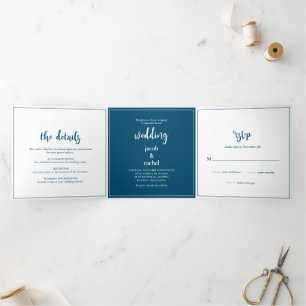 Minimale Script Ocean Blue & White Wedding Drieluik Uitnodiging