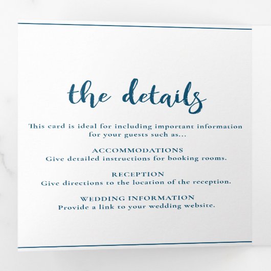Minimale Script Ocean Blue & White Wedding Drieluik Uitnodiging (Binnenzijde eerst)