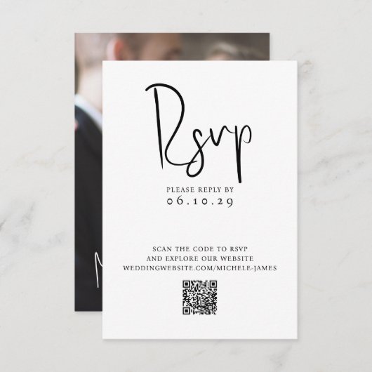 Minimale Script Typografie Foto QR Code Bruiloft RSVP Kaartje (Voorkant / Achterkant)