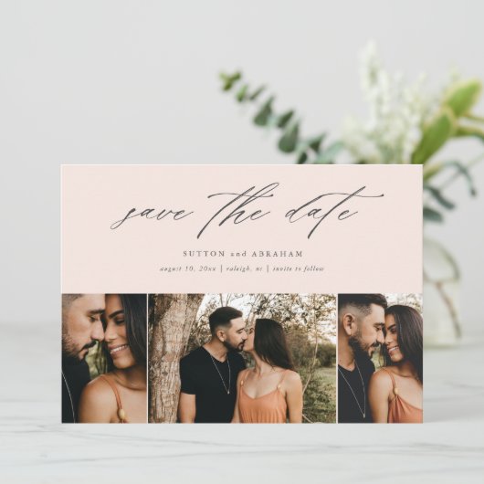 Minimale Script Wedding 3 Foto Save The Date (Staand voorkant)