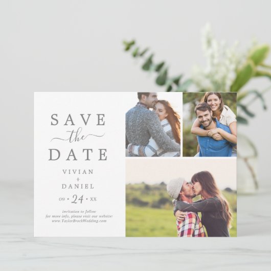 Minimale Silver 3-fotocollage Save The Date (Staand voorkant)