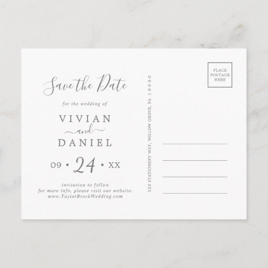 Minimale Silver Photo Save the Date Uitnodiging Briefkaart (Achterkant)