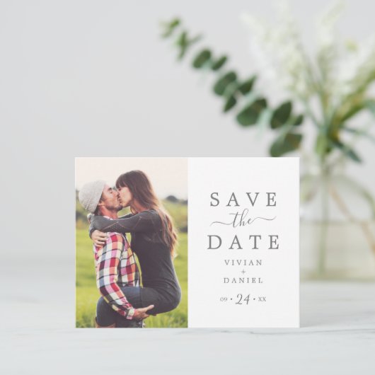 Minimale Silver Photo Save the Date Uitnodiging Briefkaart (Staand voorkant)