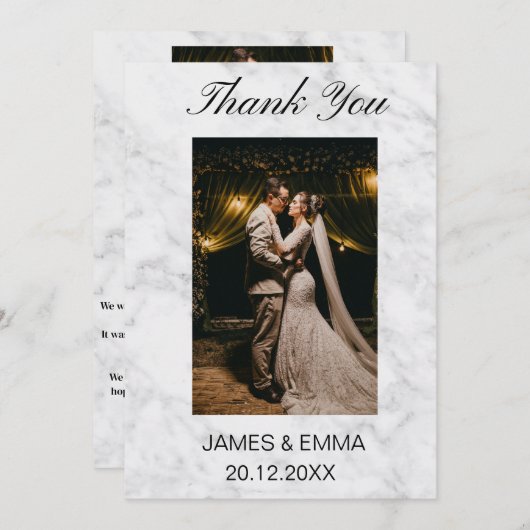 Minimale Simple White Marble trouwfoto Bedankkaart (Voorkant / Achterkant)