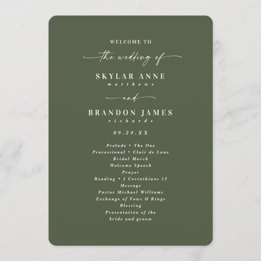 Minimale Solid Monstera Green Wedding Ceremonie Programma (Voorkant)