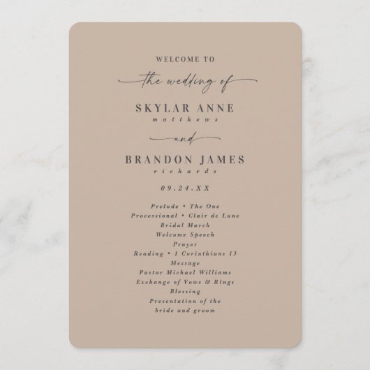 Minimale Solid Taupe Beige Wedding Ceremonie Programma (Voorkant)