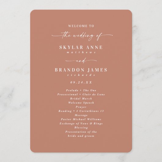 Minimale Solid Terracotta Clay Wedding Ceremony Programma (Voorkant)