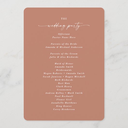 Minimale Solid Terracotta Clay Wedding Ceremony Programma (Achterkant)