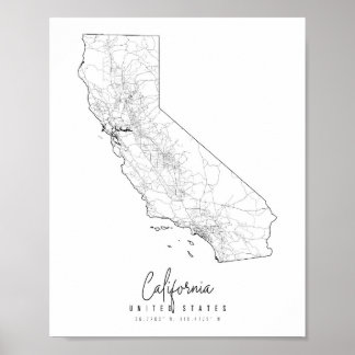 Minimale Straatkaart van Californië Poster