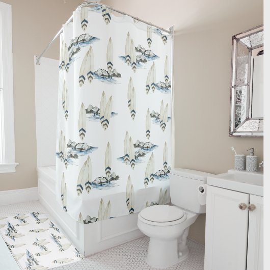 Minimale Surfboard Waterverf Kust strand vibes Douchegordijn