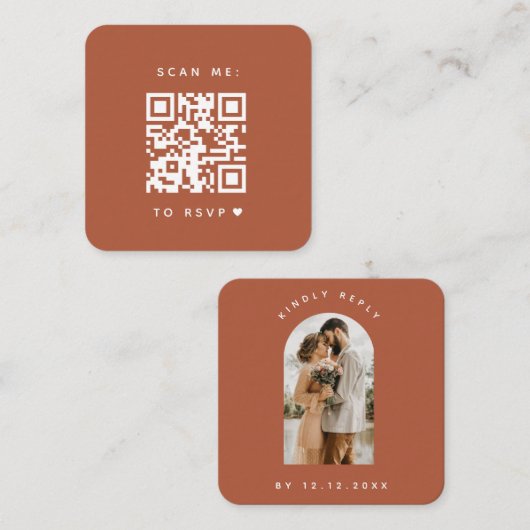 Minimale Terracotta Arch Foto QR Code RSVP Love Informatiekaartje (Voorkant / Achterkant)
