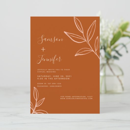 Minimale terracotta met Leaves Virtual Wedding Kaart (Staand voorkant)
