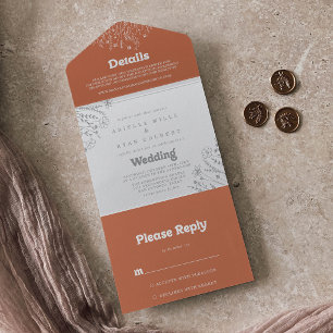 Minimale Terracotta Wilde Bloemen Bruiloft All In One Uitnodiging