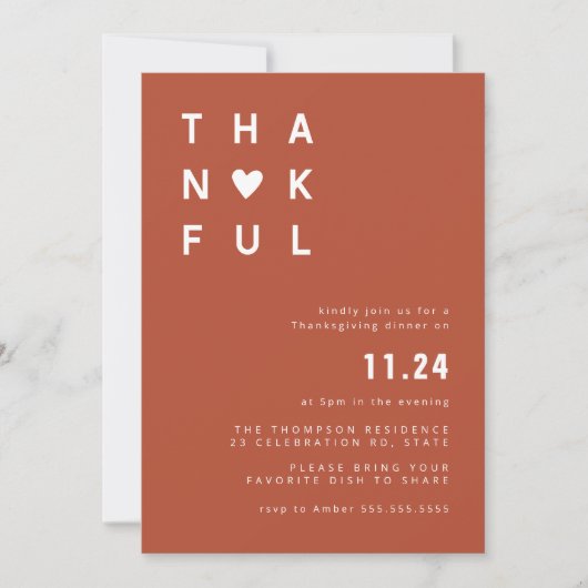Minimale Thankful Terracotta Thanksgiving Dinner Kaart (Voorkant)