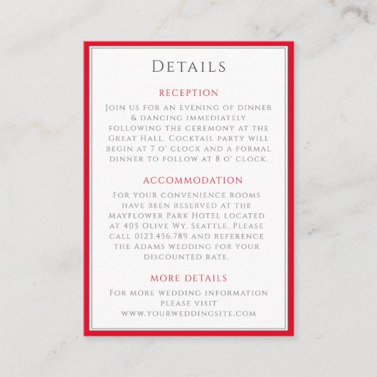 Minimale tijdloze elegante kersenrood bruiloft det informatiekaartje (Voorkant)