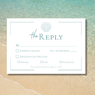 Minimale typografie Aqua & White Shell Wedding RSVP Kaartje