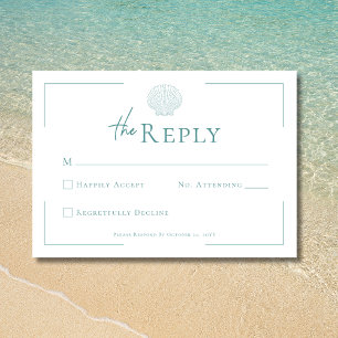 Minimale typografie Aqua & White Shell Wedding RSVP Kaartje