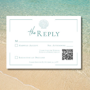 Minimale typografie Aqua & White Shell Wedding RSVP Kaartje