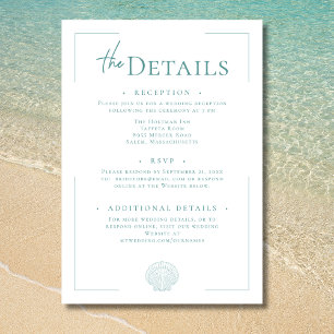 Minimale typografie Aqua & Witte Schelp Trouwdag Informatiekaartje