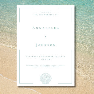 Minimale typografie Aqua & Witte Schelp Trouwkaart Kaart