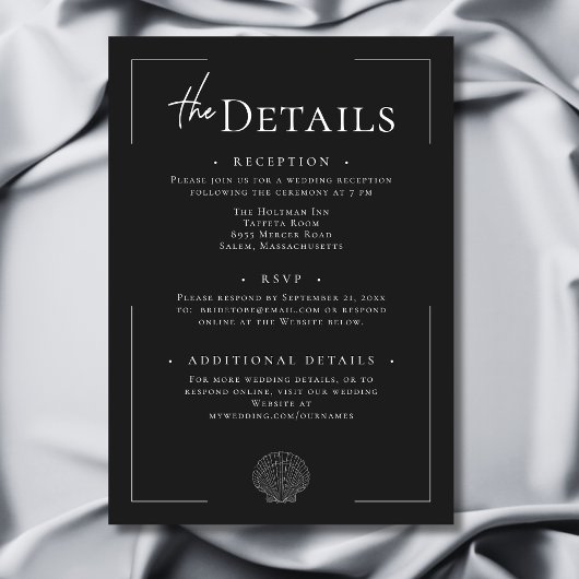 Minimale Typografie Zwart & Wit Shell Wedding Informatiekaartje
