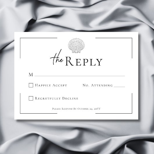 Minimale Typografie Zwart & Wit Shell Wedding RSVP Kaartje
