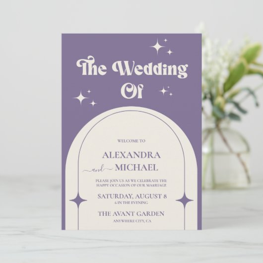 Minimale uitnodiging tot Paarse bruiloft met Retro (Staand voorkant)