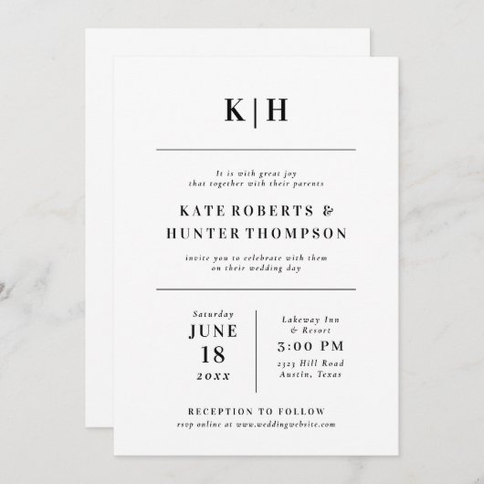 Minimale uitnodiging voor een Monogram huwelijk (Voorkant / Achterkant)